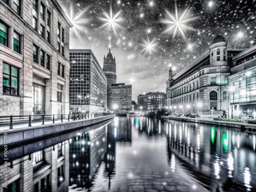 Fototapeta premium Captivating Night Photography of Urban Landscapes in Film Style, Featuring Starry Skies, Glowing City Lights, and Atmospheric Vistas for Stunning Visual Appeal