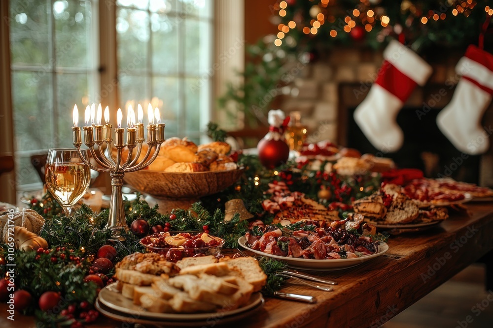 Festive Table Setting with Candles, Food, and Christmas Decorations Festive Table Setting with Candles, Food, and Christmas Decorations
