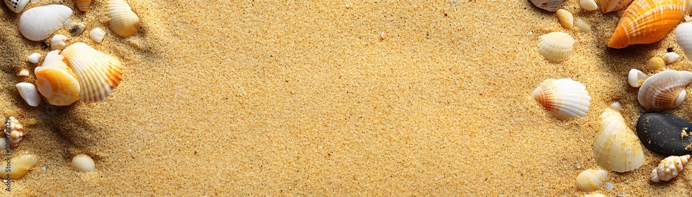 Seashells scattered on golden sand with empty space Seashells scattered on golden sand with empty space