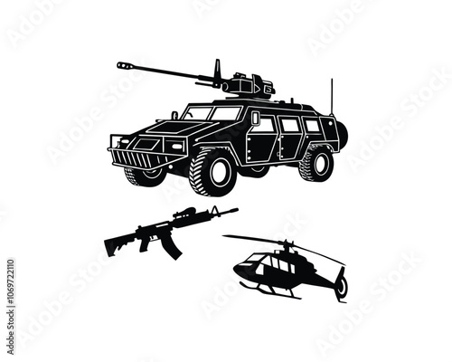 Black Color military vehicles and firearms Silhouette Vector Illustration, Solid White Background. photo