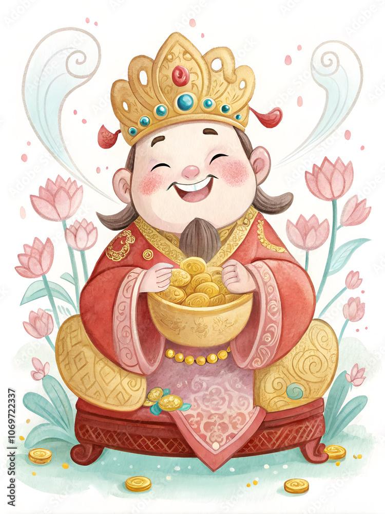 Naklejka premium Watercolor Fortune God Illustration for Lunar New Year | Traditional Asian Prosperity Deity Art