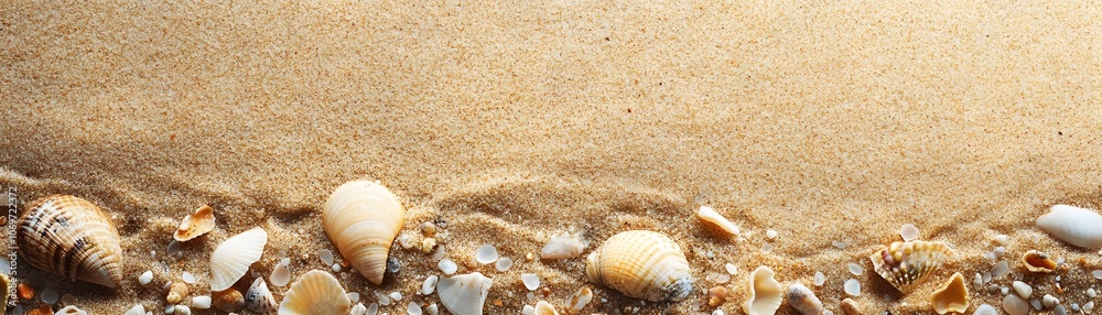Seashells Scattered on Sandy Beach Surface Seashells Scattered on Sandy Beach Surface