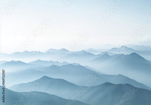 Majestic Blue Mountain Range with Foggy Peaks and Soft Lighting, empty space for designer 