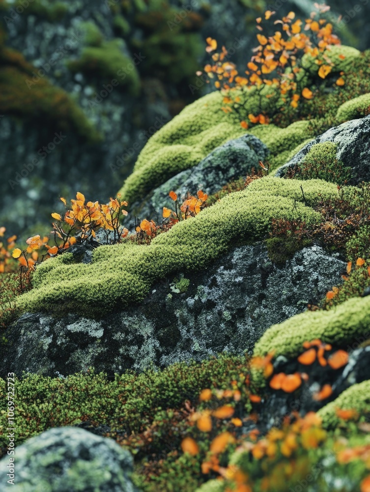 Fototapeta premium Alpine Mossy Rock and Wildflowers Scenic Landscape