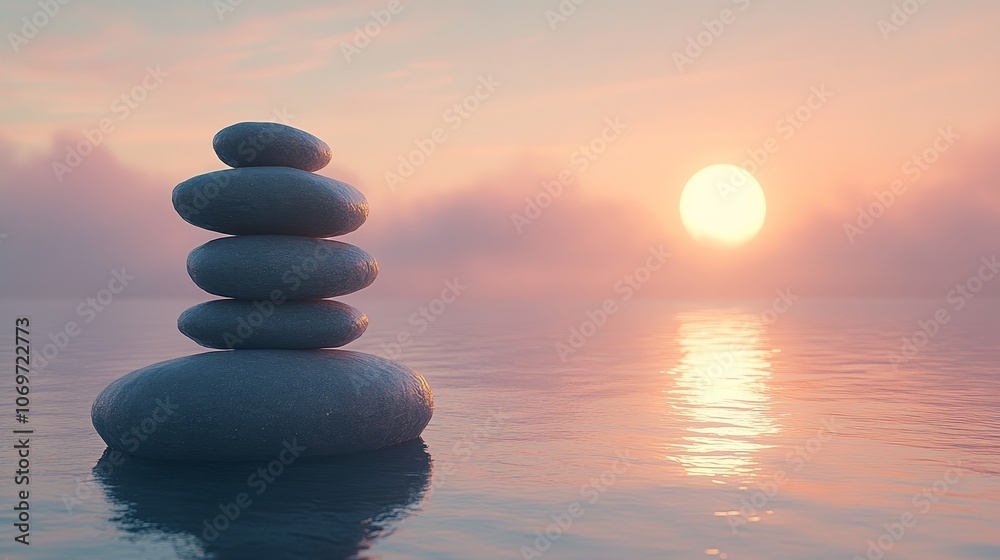 Stack of Smooth Stones Balanced on Top of Each Other with a Sunset Over the Ocean in the Background, Representing Tranquility, Peace, and Harmony in Nature Stack of Smooth Stones Balanced on Top of Each Other with a Sunset Over the Ocean in the Background, Representing Tranquility, Peace, and Harmony in Nature