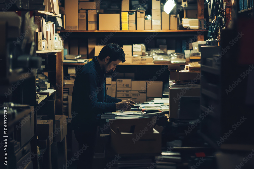 man working at his desk in cluttered warehouse, surrounded by boxes. He looks concentrated and focused on his work man working at his desk in cluttered warehouse, surrounded by boxes. He looks concentrated and focused on his work