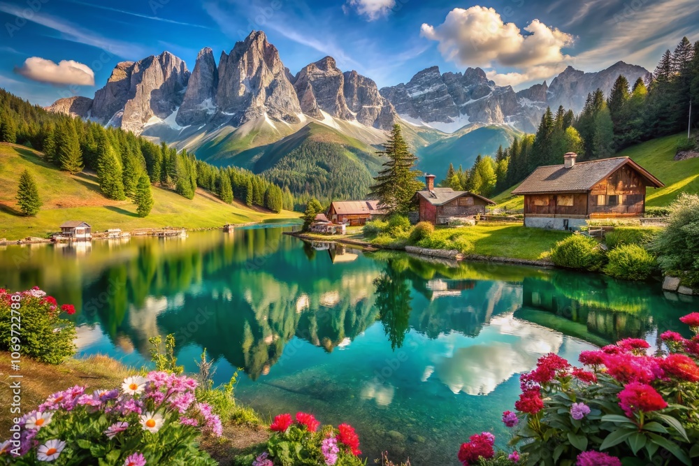 Fototapeta premium Captivating Product Photography of Alpine Wonders: A Stunning Showcase of the Majestic Italian Alps with Lush Green Valleys and Snow-Capped Peaks for Travel Enthusiasts