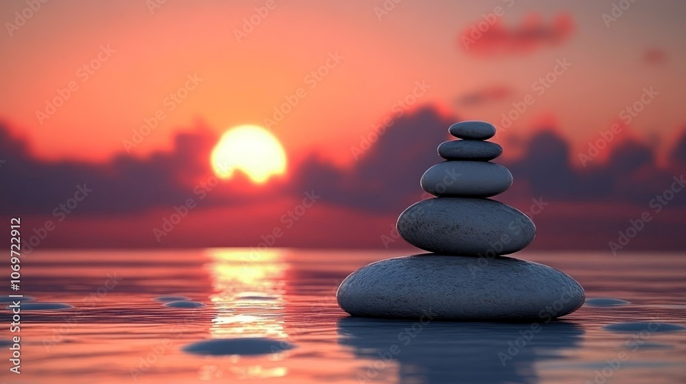 Stack of Smooth Stones Balanced on Top of Each Other with a Sunset Over the Ocean in the Background, Representing Tranquility, Peace, and Harmony in Nature Stack of Smooth Stones Balanced on Top of Each Other with a Sunset Over the Ocean in the Background, Representing Tranquility, Peace, and Harmony in Nature