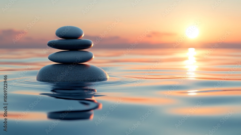 Stack of Smooth Stones Balanced on Top of Each Other with a Sunset Over the Ocean in the Background, Representing Tranquility, Peace, and Harmony in Nature Stack of Smooth Stones Balanced on Top of Each Other with a Sunset Over the Ocean in the Background, Representing Tranquility, Peace, and Harmony in Nature