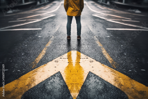A pair of feet standing on a tarmac road with yellow arrow print pointing in three different directions for the concept of making decision at the crossroad 