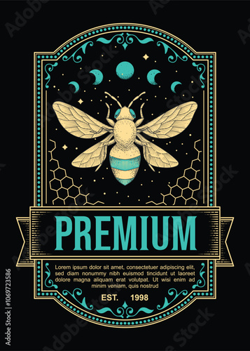 Premium Vintage Label Featuring Celestial Bee with Honeycomb and Ornate Frame