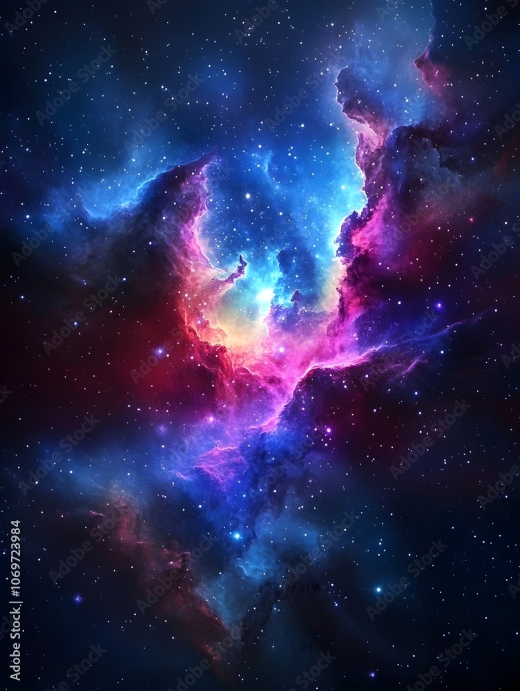 Obraz premium A vibrant cosmic scene showcasing a nebula with brilliant shades of blue, purple, and pink, surrounded by countless stars in the vastness of space.