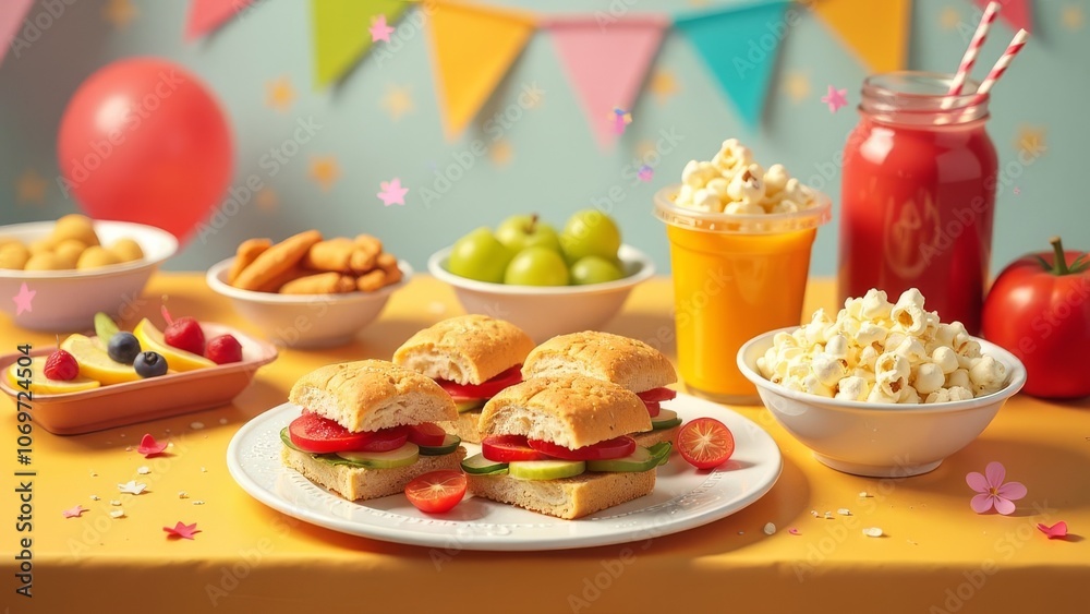 A table with a variety of sandwiches, fruit, and drinks A table with a variety of sandwiches, fruit, and drinks