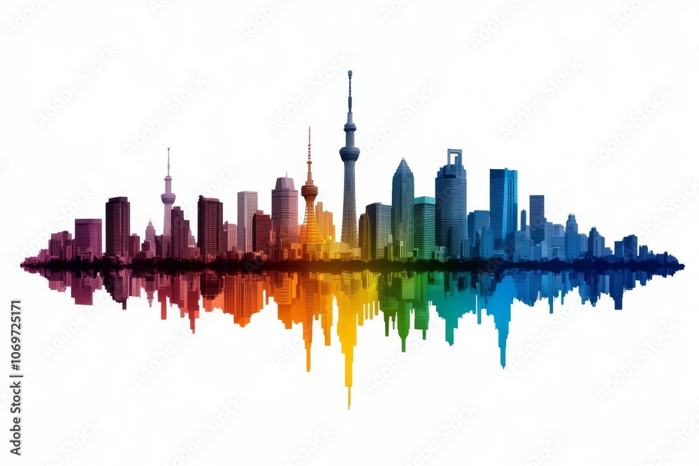 Obraz premium A colorful 2D illustration of a city skyline with different styles of buildings, all outlined on a plain white background