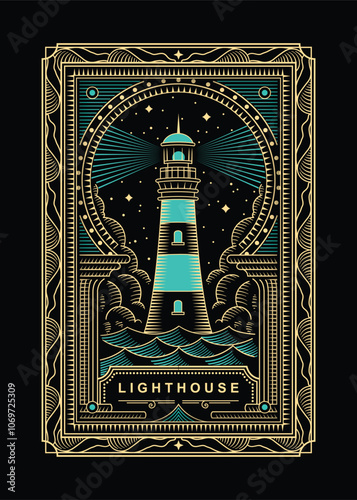 Premium Vintage Label Lighthouse with Ornate Frame and Coastal Theme