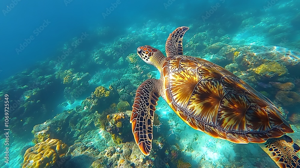 Fototapeta premium Sea turtles swimming over coral reefs, vibrant underwater life, highlighting marine conservation