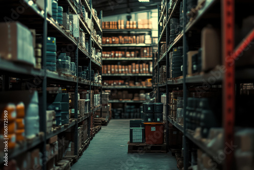 well organized and stocked warehouse aisle, showcasing efficient inventory management