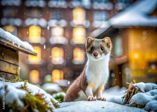 Captivating Winter Scene of a Stoat (Mustela erminea) in the Urban Wilderness of Germany, Showcasing Its Short-Tailed Weasel Characteristics Amidst Snowy Landscapes photo