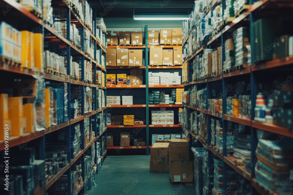 well organized warehouse with neatly stacked boxes on shelves well organized warehouse with neatly stacked boxes on shelves