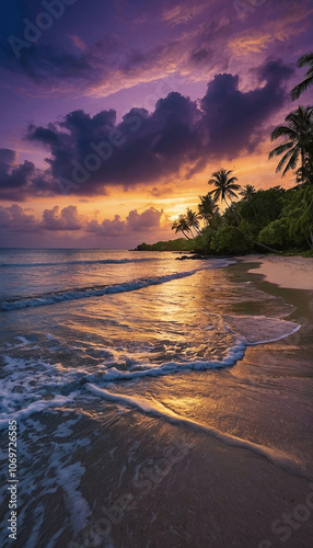 Tropical Beach Sunset with Vibrant Purple and Golden Hues