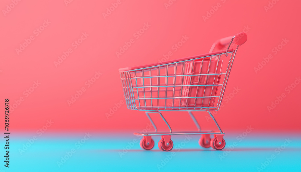 A modern shopping cart on a vibrant pink background, showcasing a minimalist design with a focus on retail and consumerism. A modern shopping cart on a vibrant pink background, showcasing a minimalist design with a focus on retail and consumerism.