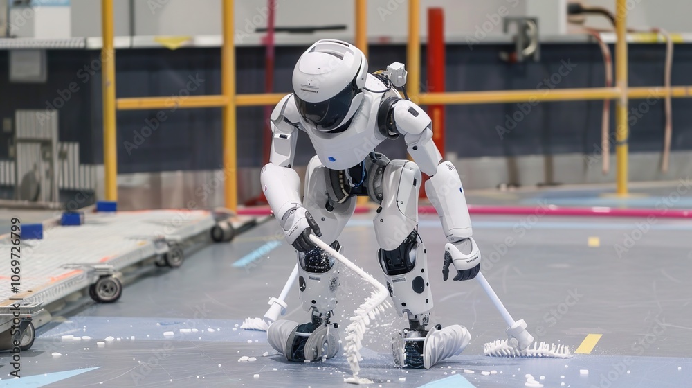 Obraz premium Intelligent Humanoid Robot Efficiently Mopping the Floor, Bringing a New Era of Cleaning