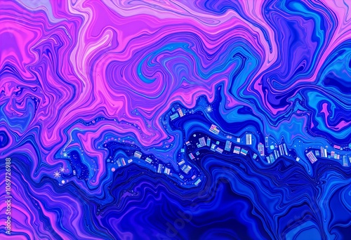 Fluid art with a vibrant night cityscape effect, showcasing high-quality details.