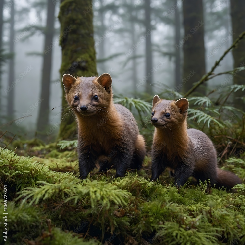 Fototapeta premium Misty Mornings: Pine Martens at Play in the Forest