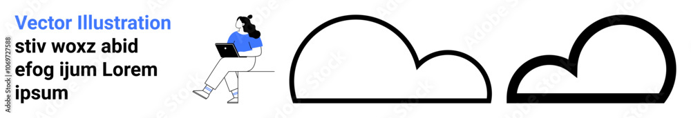 Person seated with laptop beside two cloud shapes and placeholder text. Ideal for tech, remote work, cloud computing, online education, digital nomad, work-life balance, modern workspace. Landing Person seated with laptop beside two cloud shapes and placeholder text. Ideal for tech, remote work, cloud computing, online education, digital nomad, work-life balance, modern workspace. Landing
