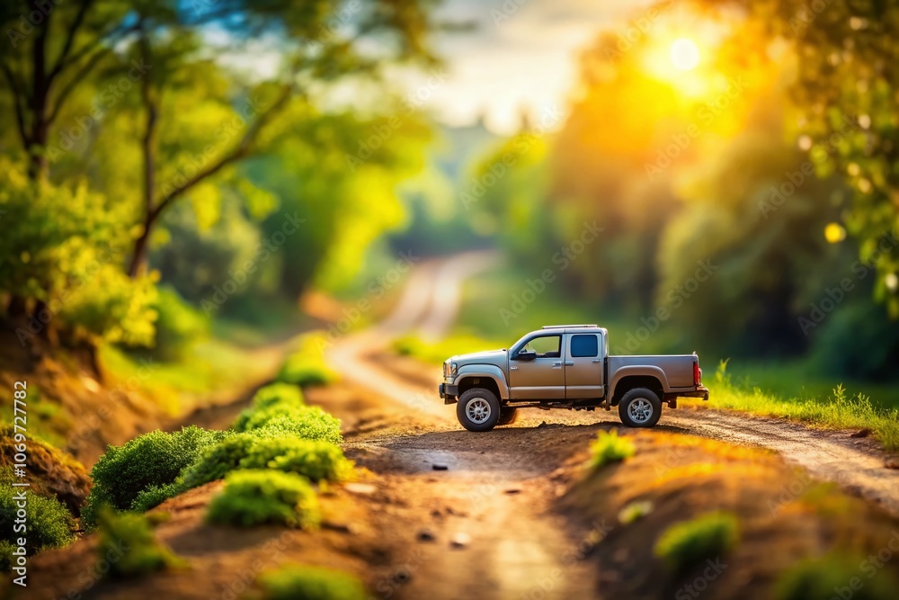 Cinematic Tilt-Shift Photography of a Pickup Truck Parked on a Dirt Road Surrounded by Nature, Capturing the Essence of Adventure and Freedom in Stunning Light Cinematic Tilt-Shift Photography of a Pickup Truck Parked on a Dirt Road Surrounded by Nature, Capturing the Essence of Adventure and Freedom in Stunning Light