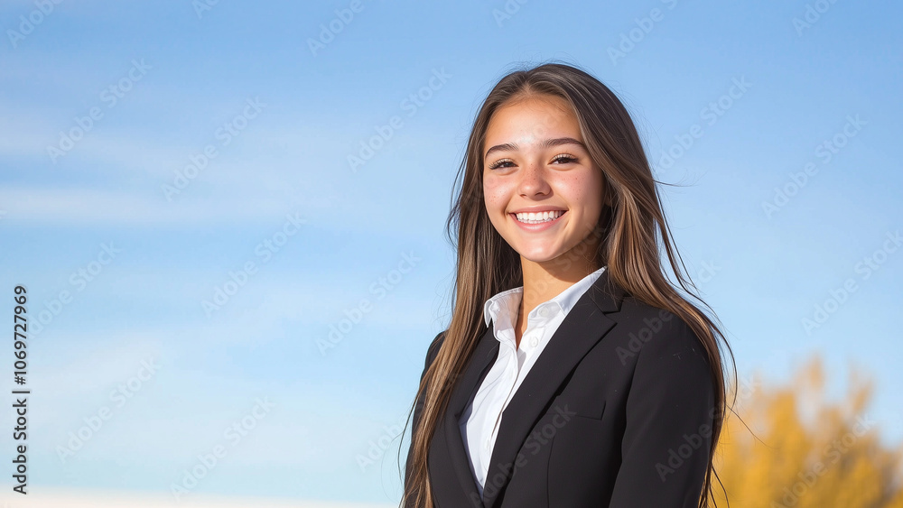 Confident Young Woman Smiling in Professional Attire Outdoors Confident Young Woman Smiling in Professional Attire Outdoors