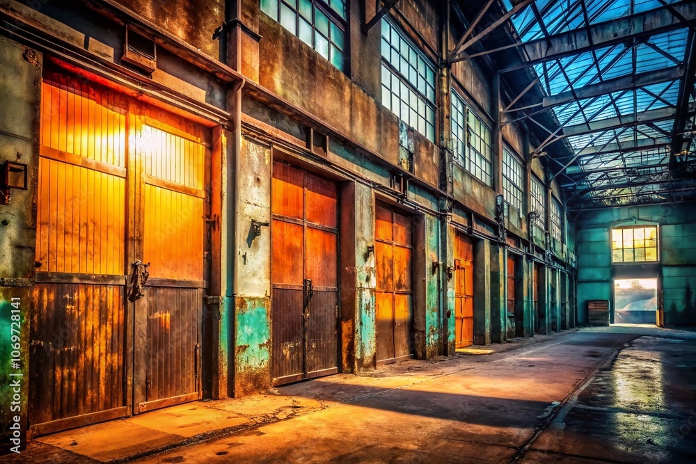 Fototapeta premium Closed Warehouse Doors with a Grungy Texture, Emphasizing Abandonment and Neglect, Ideal for Industrial Themes and Backgrounds, Featuring Copy Space for Text or Branding Needs