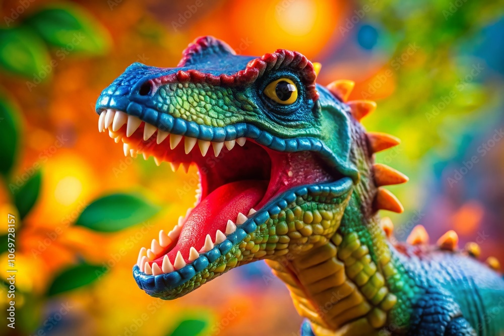Fototapeta premium Close-Up Capture of a Colorful Toy Dinosaur with Open Mouth and Visible Teeth, Emphasizing Playfulness and Fun in Prehistoric Imagination for Children’s Toys