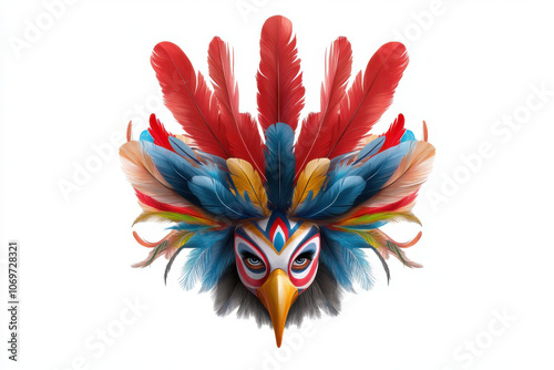 vibrant carnival mask adorned with colorful feathers and striking bird like design, evoking festive and lively atmosphere photo