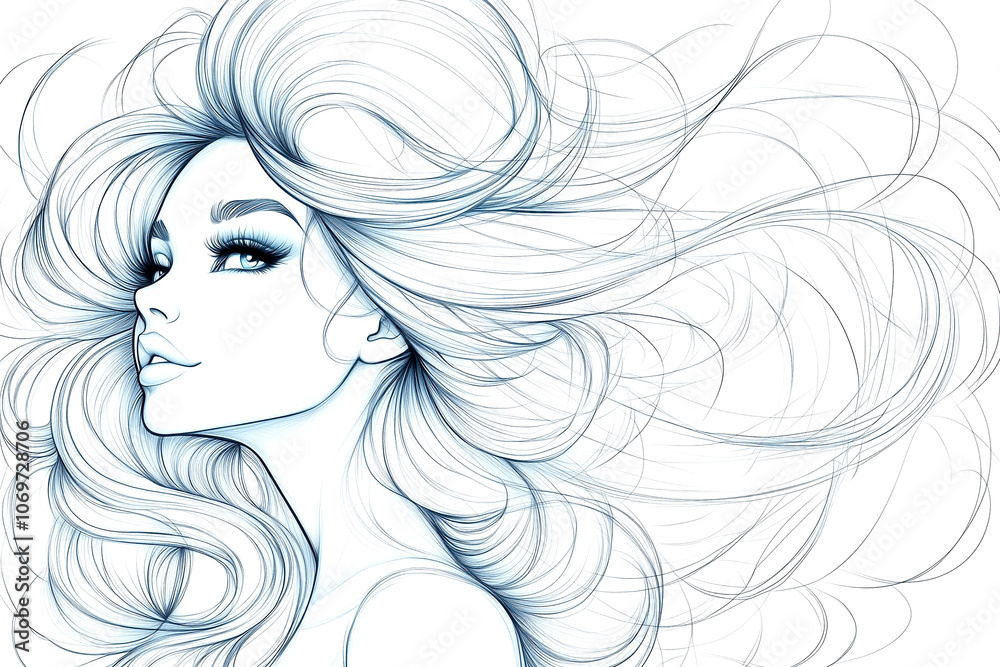 A woman with long hair is drawn in a pencil sketch. The hair is styled in a way that it is blowing in the wind. The woman has a smile on her face, and her eyes are looking to the right A woman with long hair is drawn in a pencil sketch. The hair is styled in a way that it is blowing in the wind. The woman has a smile on her face, and her eyes are looking to the right