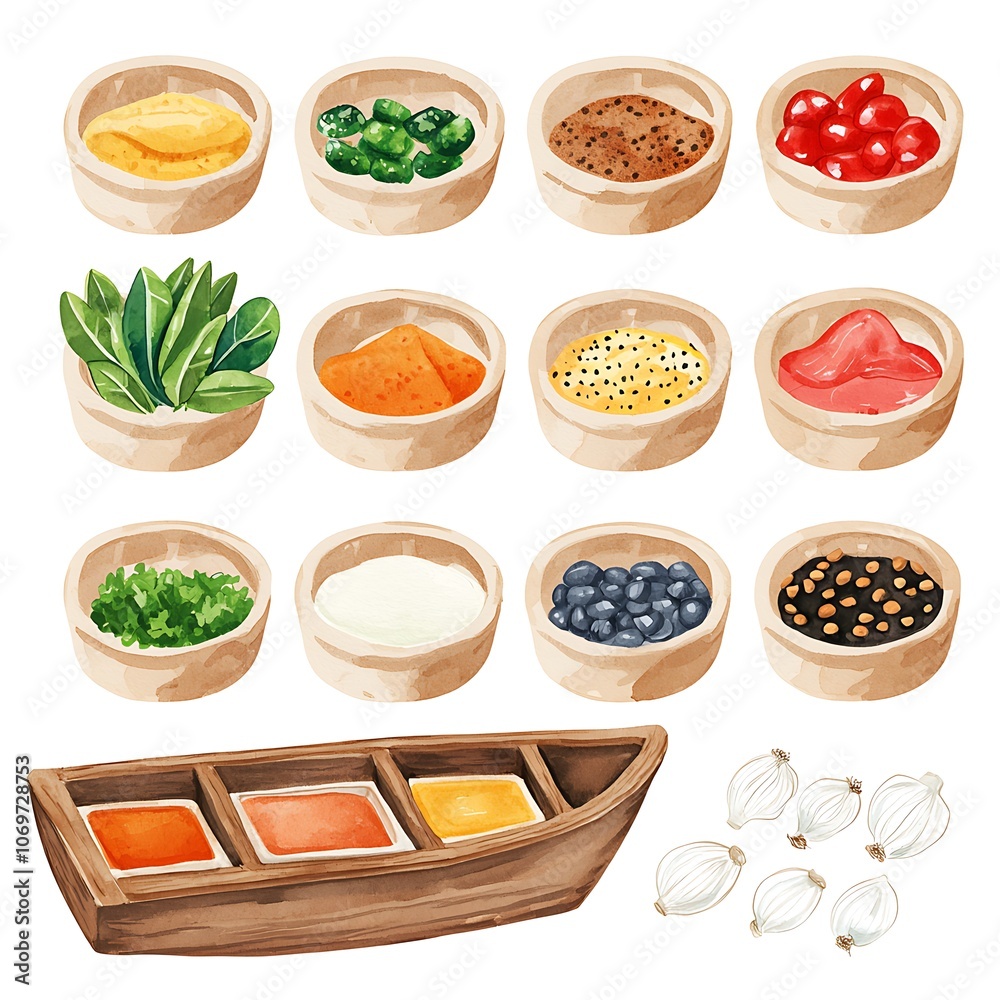 Watercolor Illustration of Sauces, Spices, and Garlic in Wooden Bowls. Watercolor Illustration of Sauces, Spices, and Garlic in Wooden Bowls.