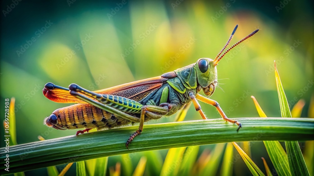 Close-Up of a Grasshopper Resting in Green Grass with Shallow Depth of Field, Capturing Nature's Detail, Perfect for Nature Lovers and Wildlife Enthusiasts, Ample Copy Space Close-Up of a Grasshopper Resting in Green Grass with Shallow Depth of Field, Capturing Nature's Detail, Perfect for Nature Lovers and Wildlife Enthusiasts, Ample Copy Space
