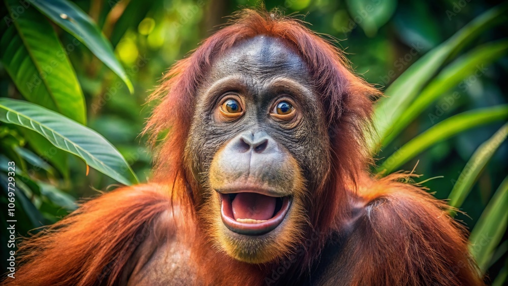Closeup of an Orangutan with a Surprised Expression in a Lush Green Environment Captured in Vintage Style Photography, Showcasing the Beauty of Nature and Wildlife Closeup of an Orangutan with a Surprised Expression in a Lush Green Environment Captured in Vintage Style Photography, Showcasing the Beauty of Nature and Wildlife