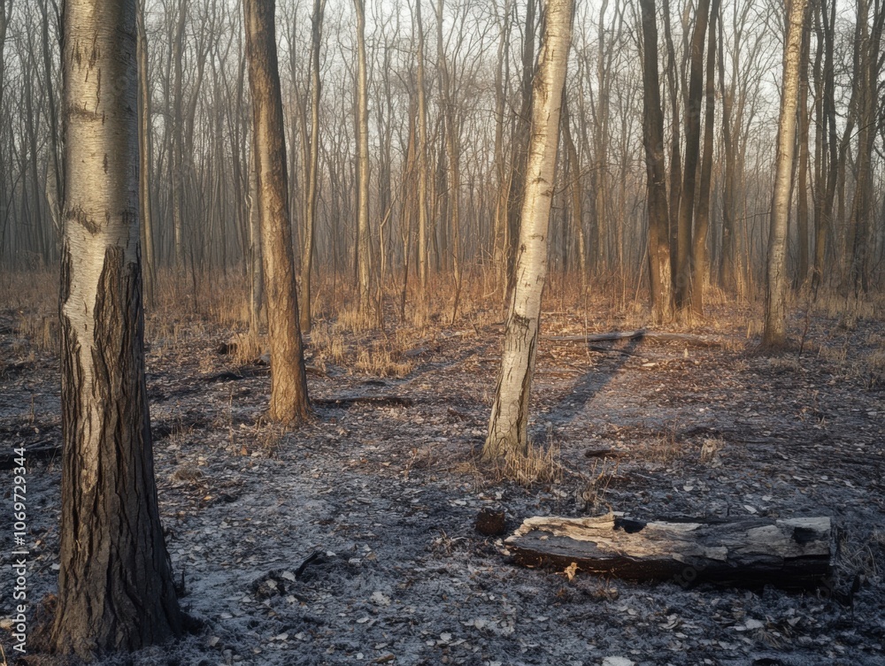 Fototapeta premium Sunlit Forest After a Fire Charred Trees and Ashes