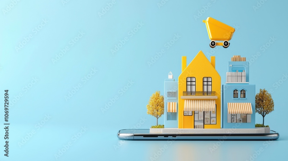 Explore the future of shopping a smartphone render showcasing small stores with standard icons Explore the future of shopping a smartphone render showcasing small stores with standard icons