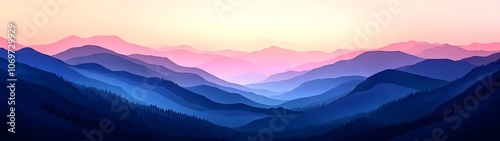 A serene mountain landscape featuring layers of blue and purple tones, with a gentle gradient transitioning to a soft pastel sky at sunset, evoking tranquility and natural beauty.