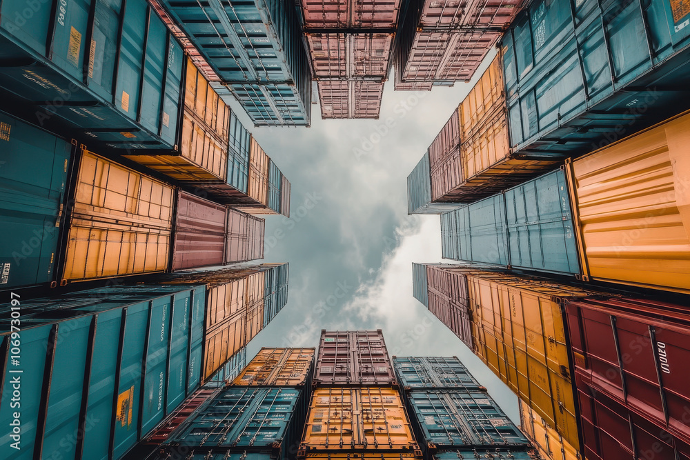 Fototapeta premium stack of shipping containers reaching up to sky, creating sense of overwhelming scale and global trade