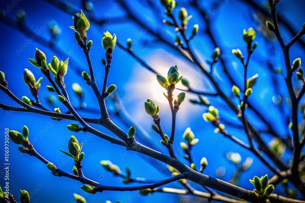 Closeup of Silhouetted Leaf Buds Bursting Open Against a Bright Blue Sky, Symbolizing New Beginnings and Growth in Nature's Cycle of Renewal and Transformation Closeup of Silhouetted Leaf Buds Bursting Open Against a Bright Blue Sky, Symbolizing New Beginnings and Growth in Nature's Cycle of Renewal and Transformation