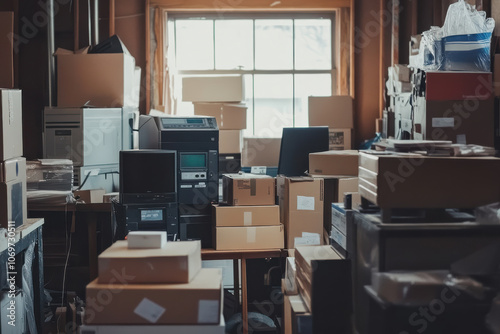 cluttered room with boxes stacked high, window lets in natural light, creating sense of chaos and disarray