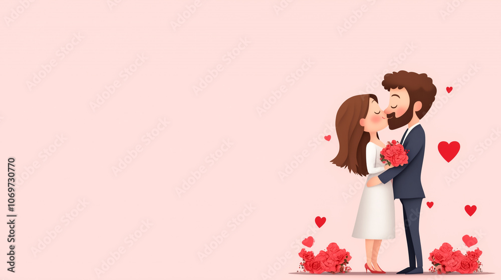 A couple is kissing and holding a bouquet of red flowers. The image is a cute and romantic representation of love and marriage A couple is kissing and holding a bouquet of red flowers. The image is a cute and romantic representation of love and marriage