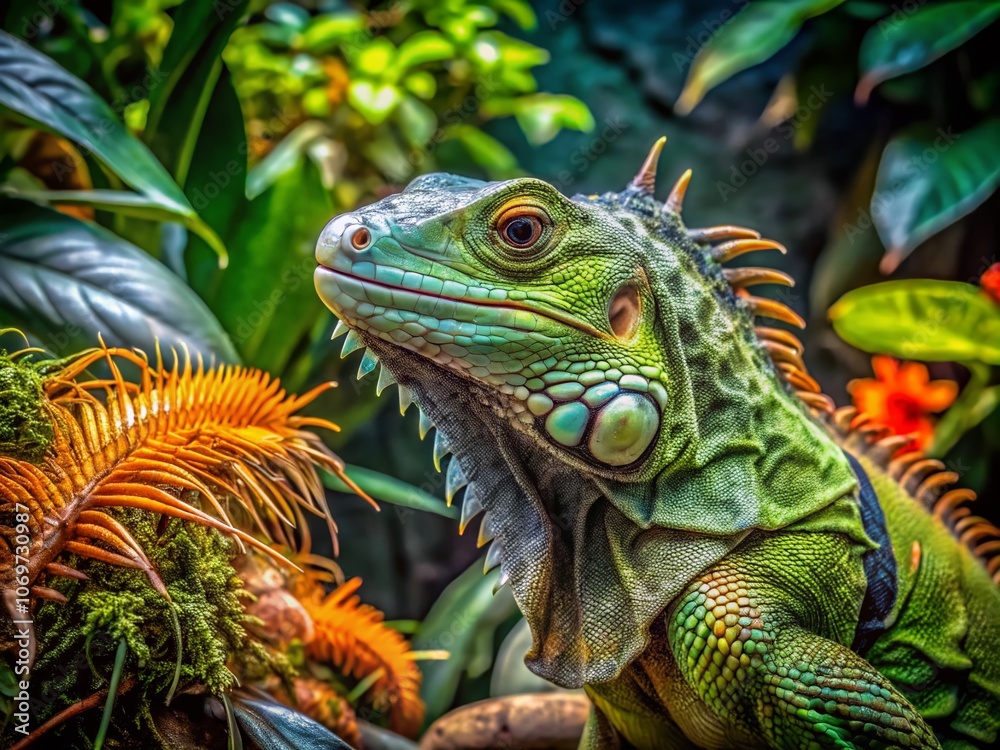 Close-Up Panoramic View of a Green Iguana in a Mini Zoo Setting Surrounded by Lush Foliage and Natural Habitat Elements for Wildlife Enthusiasts and Nature Lovers Close-Up Panoramic View of a Green Iguana in a Mini Zoo Setting Surrounded by Lush Foliage and Natural Habitat Elements for Wildlife Enthusiasts and Nature Lovers