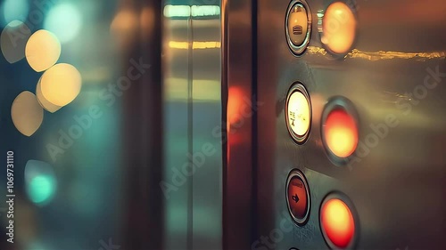 A hand pressing the elevator button, illuminated by soft glowing lights.
