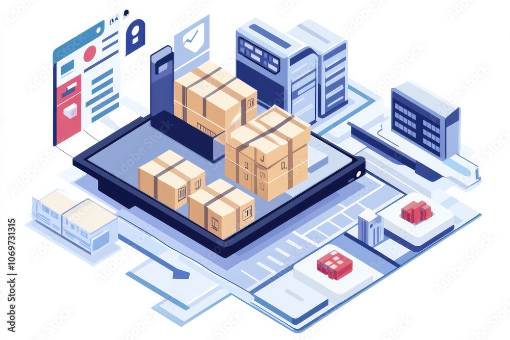 busy warehouse with multiple boxes on scale, tablet displaying data, and other buildings in background. scene represents efficiency and productivity busy warehouse with multiple boxes on scale, tablet displaying data, and other buildings in background. scene represents efficiency and productivity