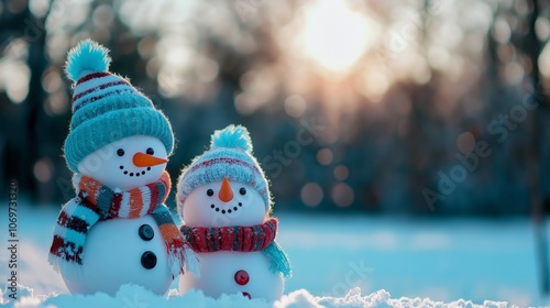 cute two snowman in winter nature landscape, friendship and togetherness heartwarming vibes photo