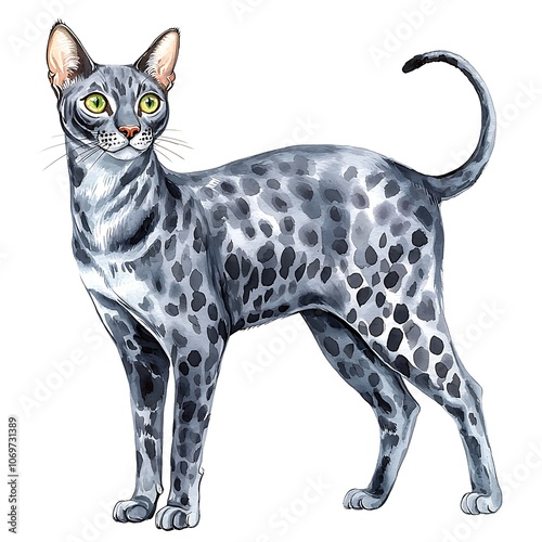 Watercolor Illustration of a Silver Spotted Cat. photo